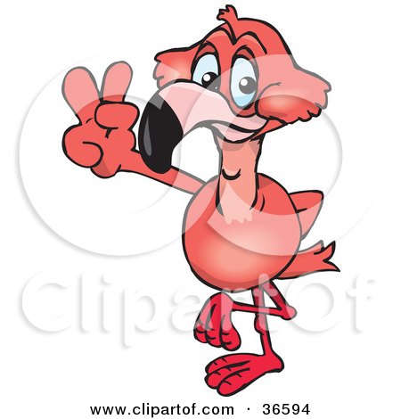 Clipart Illustration of a Peaceful Pink Flamingo Smiling And Gesturing The Peace Sign With His Hand by Dennis Holmes Designs