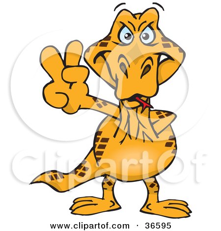 Clipart Illustration of a Peaceful Goanna Smiling And Gesturing The Peace Sign With His Hand by Dennis Holmes Designs