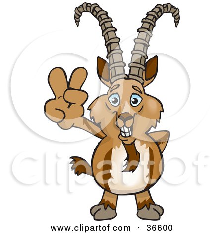 Clipart Illustration of a Peaceful Ibex Smiling And Gesturing The Peace Sign With His Hand by Dennis Holmes Designs