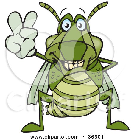 Clipart Illustration of a Peaceful Grasshopper Smiling And Gesturing The Peace Sign With His Hand by Dennis Holmes Designs