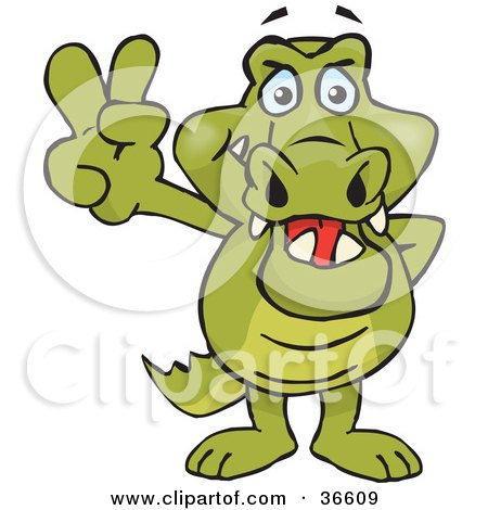 Clipart Illustration of a Peaceful Crocodile Smiling And Gesturing The Peace Sign With His Hand by Dennis Holmes Designs