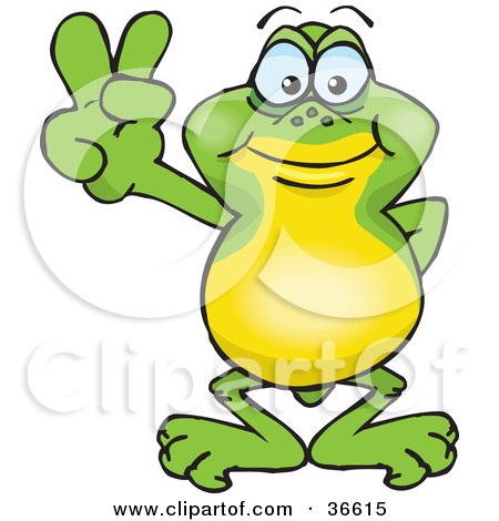 Clipart Illustration of a Peaceful Frog Smiling And Gesturing The Peace Sign With His Hand by Dennis Holmes Designs