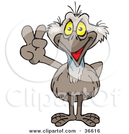 Clipart Illustration of a Peaceful Emu Smiling And Gesturing The Peace Sign With His Hand by Dennis Holmes Designs