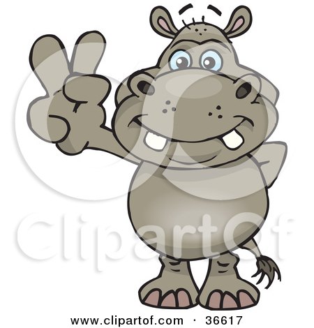 Clipart Illustration of a Peaceful Hippo Smiling And Gesturing The Peace Sign With His Hand by Dennis Holmes Designs