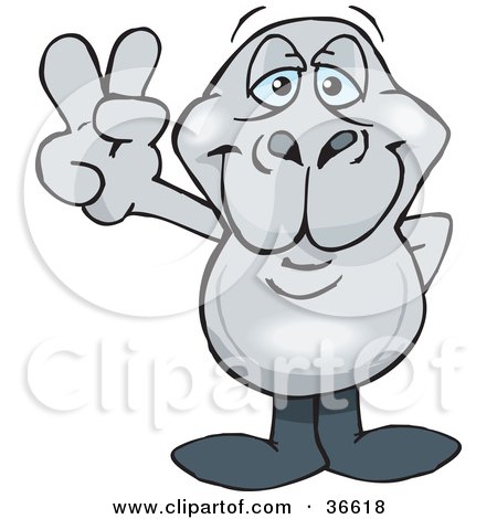 Clipart Illustration of a Peaceful Dugong Smiling And Gesturing The Peace Sign With His Hand by Dennis Holmes Designs