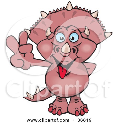 Clipart Illustration of a Peaceful Pink Triceratops Dinosaur Smiling And Gesturing The Peace Sign With His Hand by Dennis Holmes Designs