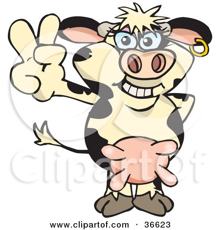Clipart Illustration of a Peaceful Dairy COw Smiling And Gesturing The Peace Sign With His Hand by Dennis Holmes Designs