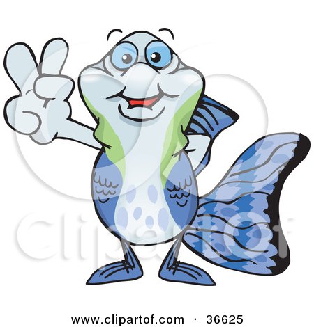 Clipart Illustration of a Peaceful Guppy Smiling And Gesturing The Peace Sign With His Hand by Dennis Holmes Designs