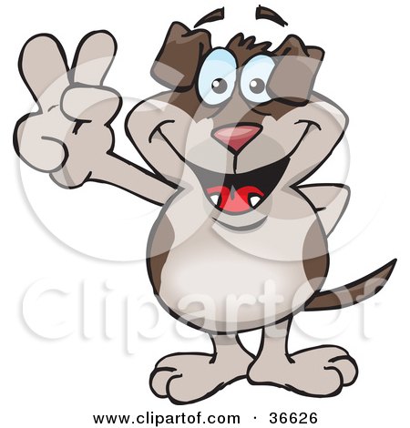 Clipart Illustration of a Peaceful Canine Smiling And Gesturing The Peace Sign With His Hand by Dennis Holmes Designs