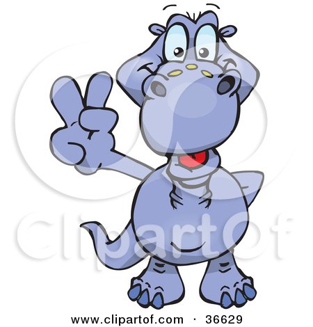 Clipart Illustration of a Peaceful Blue Apatosaurus Dinosaur Smiling And Gesturing The Peace Sign With His Hand by Dennis Holmes Designs