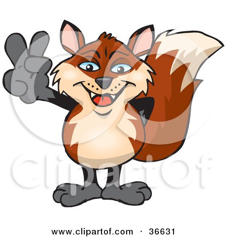 Clipart Illustration of a Peaceful Fox Smiling And Gesturing The Peace Sign With His Hand by Dennis Holmes Designs