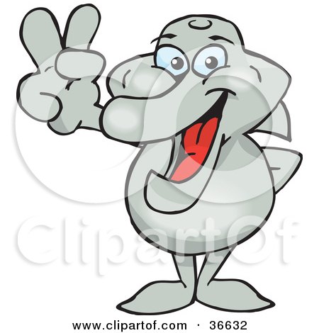 Clipart Illustration of a Peaceful Dolphin Smiling And Gesturing The Peace Sign With His Hand by Dennis Holmes Designs