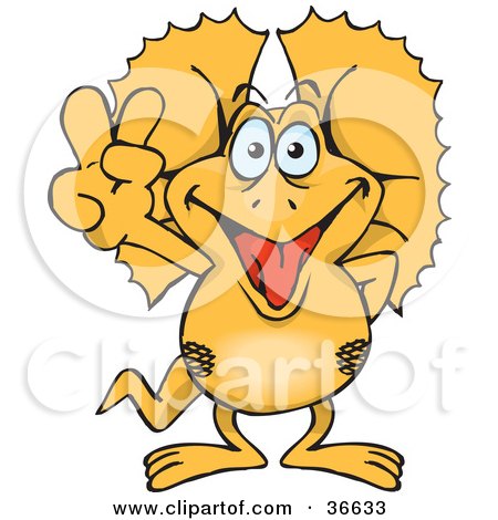 Clipart Illustration of a Peaceful Frill Lizard Smiling And Gesturing The Peace Sign With His Hand by Dennis Holmes Designs