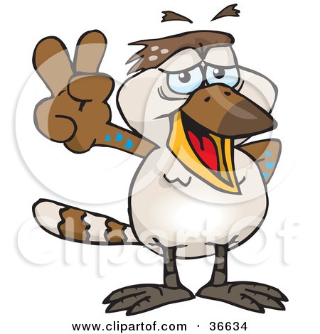 Clipart Illustration of a Peaceful Kookaburra Bird Smiling And Gesturing The Peace Sign With His Hand by Dennis Holmes Designs