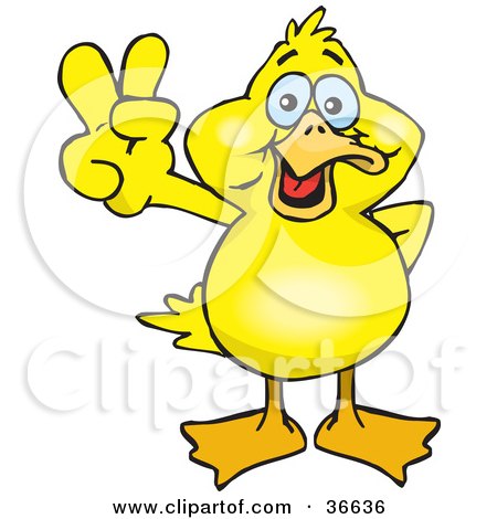 Clipart Illustration of a Peaceful Yellow Duck Smiling And Gesturing The Peace Sign With His Hand by Dennis Holmes Designs