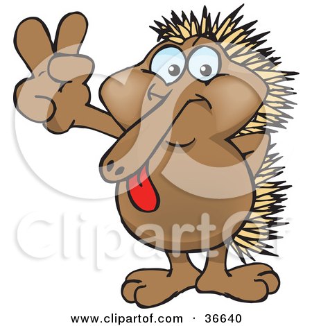 Clipart Illustration of a Peaceful Echidna Smiling And Gesturing The Peace Sign With His Hand by Dennis Holmes Designs