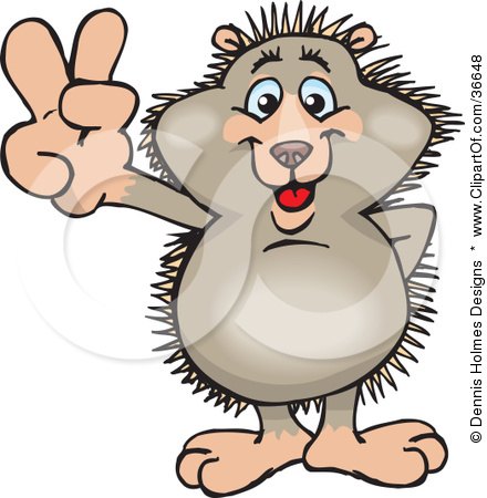 Clipart Illustration of a Peaceful Hedgehog Smiling And Gesturing The Peace Sign With His Hand by Dennis Holmes Designs