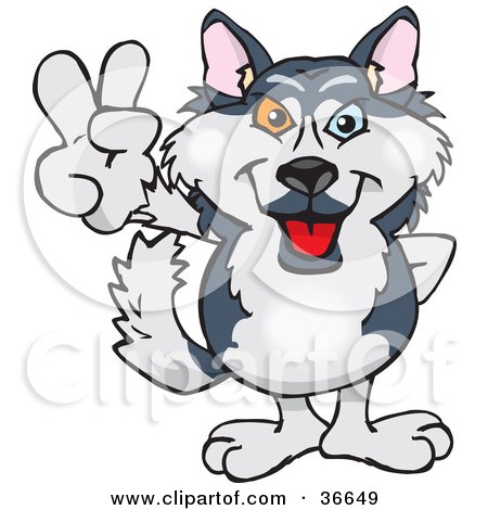 Clipart Illustration of a Peaceful Husky Dog Smiling And Gesturing The Peace Sign With His Hand by Dennis Holmes Designs