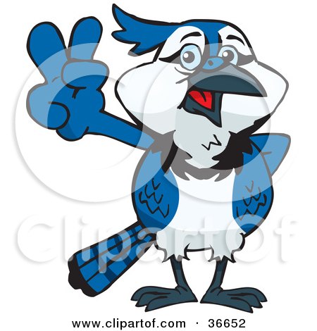 Clipart Illustration of a Peaceful Blue Jay (Cyanocitta cristata) Smiling And Gesturing The Peace Sign With His Hand by Dennis Holmes Designs