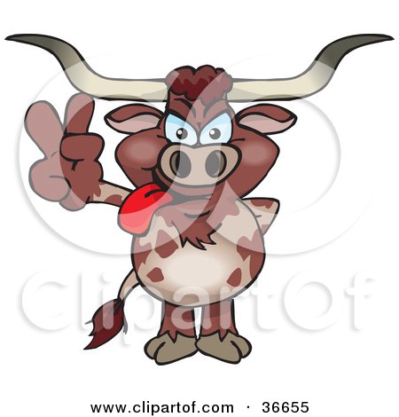 Clipart Illustration of a Peaceful Brown Bull Smiling And Gesturing The Peace Sign With His Hand by Dennis Holmes Designs