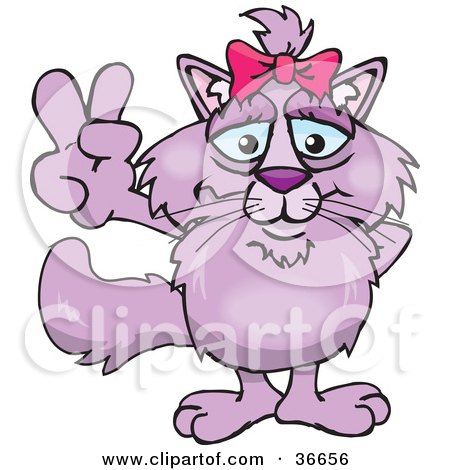 Clipart Illustration of a Peaceful Pink Cat Smiling And Gesturing The Peace Sign With His Hand by Dennis Holmes Designs