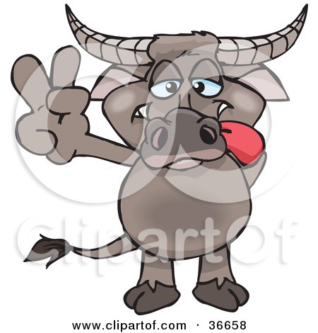 Clipart Illustration of a Peaceful Buffalo Smiling And Gesturing The Peace Sign With His Hand by Dennis Holmes Designs