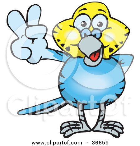 Clipart Illustration of a Peaceful Blue And Yellow Budgie Smiling And Gesturing The Peace Sign With His Hand by Dennis Holmes Designs