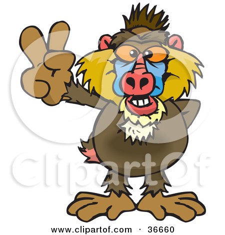 Clipart Illustration of a Peaceful Baboon Smiling And Gesturing The Peace Sign With His Hand by Dennis Holmes Designs