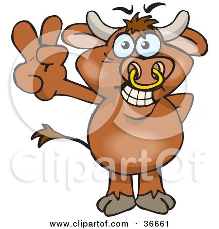 Clipart Illustration of a Peaceful Bull Smiling And Gesturing The Peace Sign With His Hand by Dennis Holmes Designs