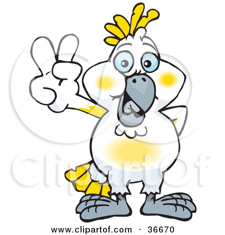 Clipart Illustration of a Peaceful Cockatoo Bird Smiling And Gesturing The Peace Sign With His Hand by Dennis Holmes Designs