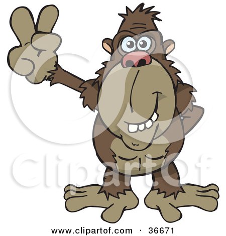 Clipart Illustration of a Peaceful Ape Smiling And Gesturing The Peace Sign With His Hand by Dennis Holmes Designs