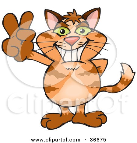 Clipart Illustration of a Peaceful Ginger Cat Smiling And Gesturing The Peace Sign With His Hand by Dennis Holmes Designs