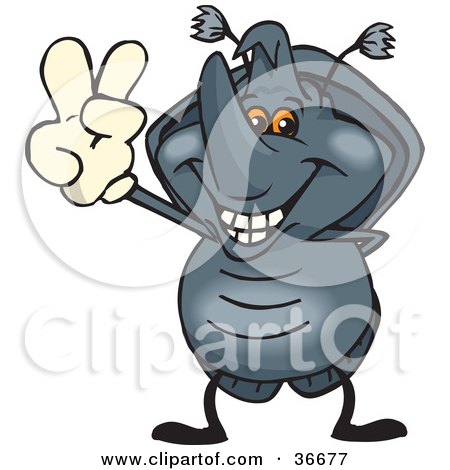 Clipart Illustration of a Peaceful Horned Beetle Smiling And Gesturing The Peace Sign With His Hand by Dennis Holmes Designs