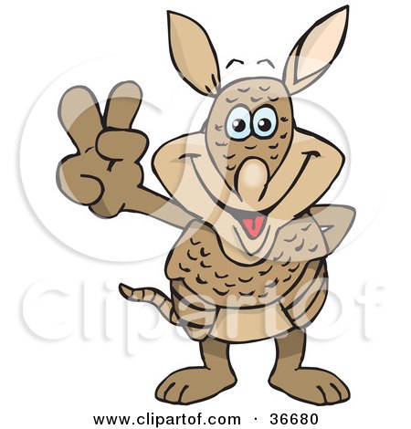 Clipart Illustration of a Peaceful Armadillo Smiling And Gesturing The Peace Sign With His Hand by Dennis Holmes Designs