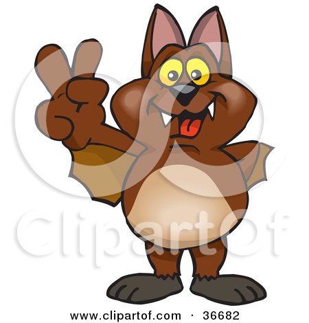 Clipart Illustration of a Peaceful Bat Smiling And Gesturing The Peace Sign With His Hand by Dennis Holmes Designs