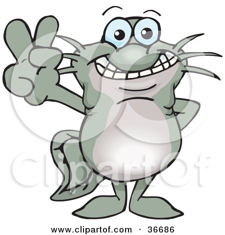 Clipart Illustration of a Peaceful Catfish Smiling And Gesturing The Peace Sign With His Hand by Dennis Holmes Designs