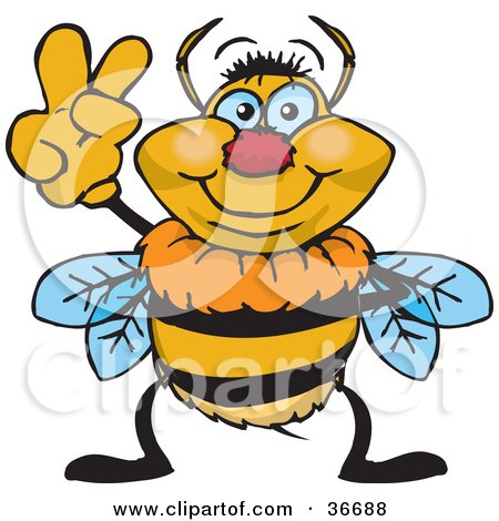 Clipart Illustration of a Peaceful Bumble Bee Smiling And Gesturing The Peace Sign With His Hand by Dennis Holmes Designs