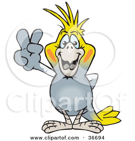 Clipart Illustration of a Peaceful Cockatiel Smiling And Gesturing The Peace Sign With His Hand by Dennis Holmes Designs
