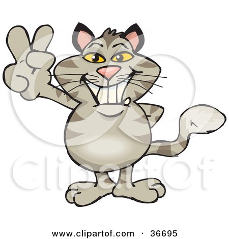 Clipart Illustration of a Peaceful Gray Cat Smiling And Gesturing The Peace Sign With His Hand by Dennis Holmes Designs