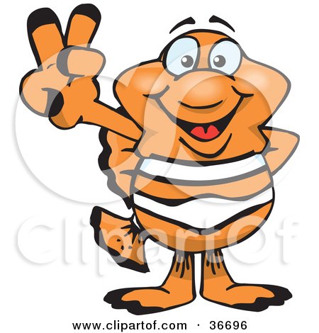 Clipart Illustration of a Peaceful Clown Fish Smiling And Gesturing The Peace Sign With His Hand by Dennis Holmes Designs