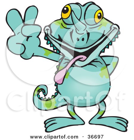 Clipart Illustration of a Peaceful Chameleon Smiling And Gesturing The Peace Sign With His Hand by Dennis Holmes Designs