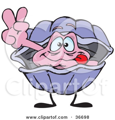 Clipart Illustration of a Peaceful Clam Smiling And Gesturing The Peace Sign With His Hand by Dennis Holmes Designs