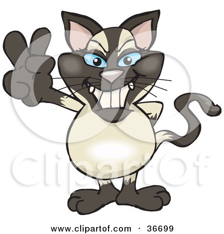 Clipart Illustration of a Peaceful Siamese Cat Smiling And Gesturing The Peace Sign With His Hand by Dennis Holmes Designs