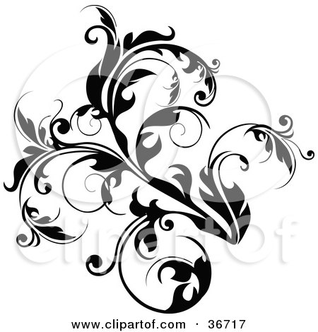 Clipart Illustration of a Lush Black Flourish With Curly Tendrils by OnFocusMedia