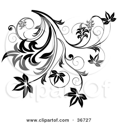 Clipart Illustration of a Black Flourish With Leaves And Curly Tendrils by OnFocusMedia