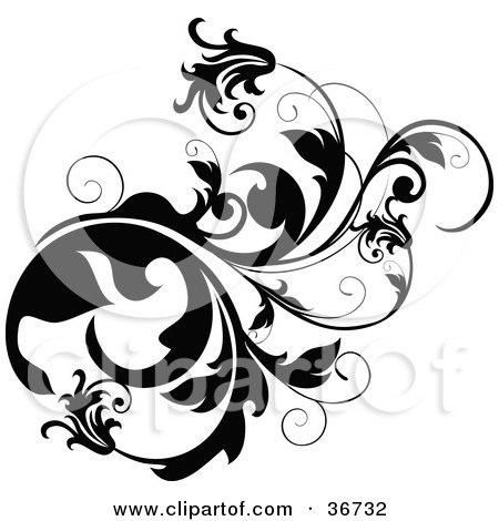 Clipart Illustration of a Thick Black Vine Flourish With Curly Tendrils And Flowers by OnFocusMedia