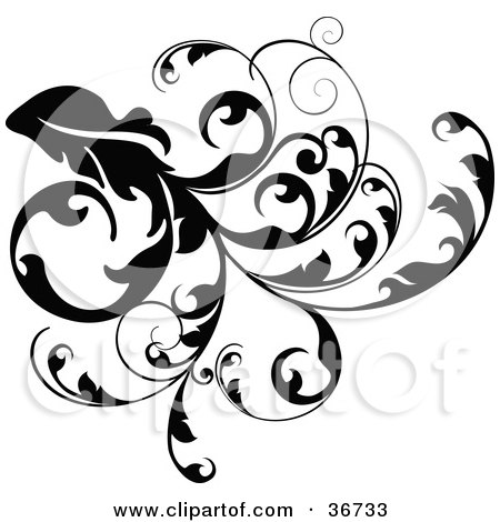 Clipart Illustration of a Thick Black Vine Branch Flourish With Curly Tendrils by OnFocusMedia