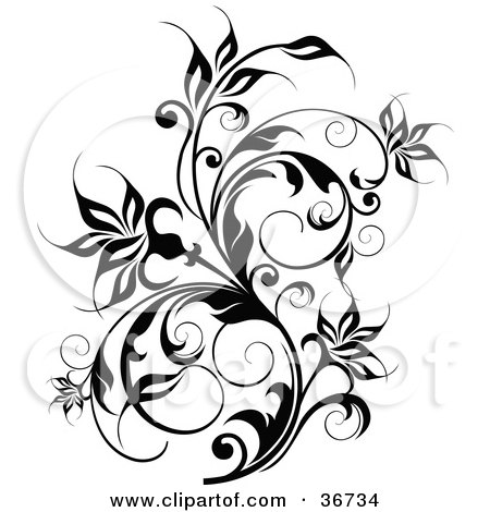 Clipart Illustration of a Thick Black Flowering Vine Flourish With Curly Tendrils by OnFocusMedia