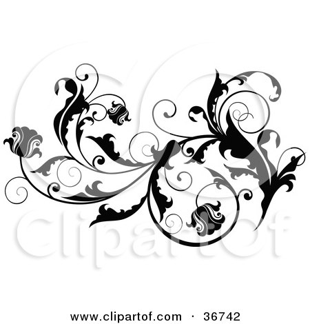 Clipart Illustration of Floral Blooms On A Thick Black Vine Flourish With Curly Tendrils by OnFocusMedia