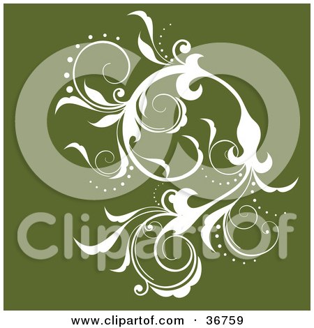 Clipart Illustration of an Elegant White Silhouetted Leafy Vine Flourish Accent On A Green Background by OnFocusMedia